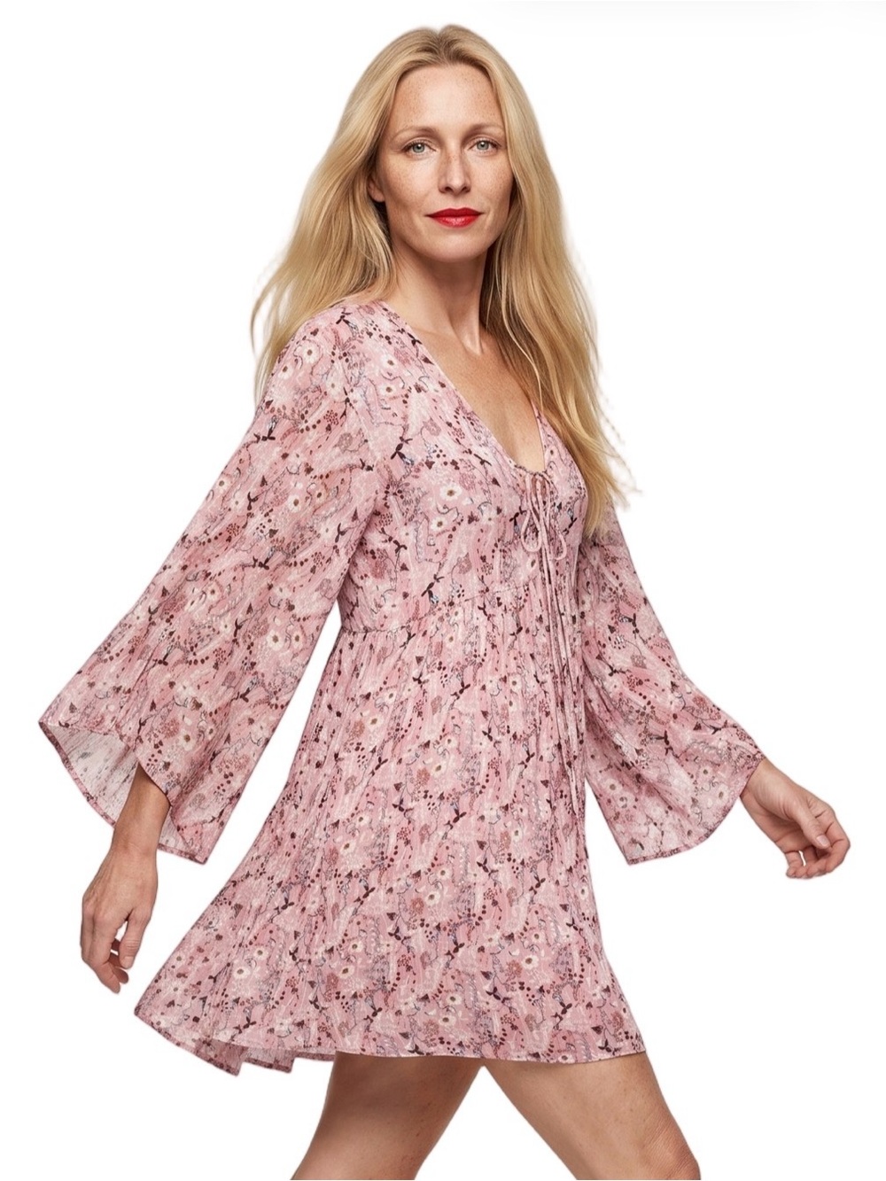Bohemian dress, pink w/ tiny floral print, deep lace-up V neck, bell sleeves. S - Picture 13 of 14